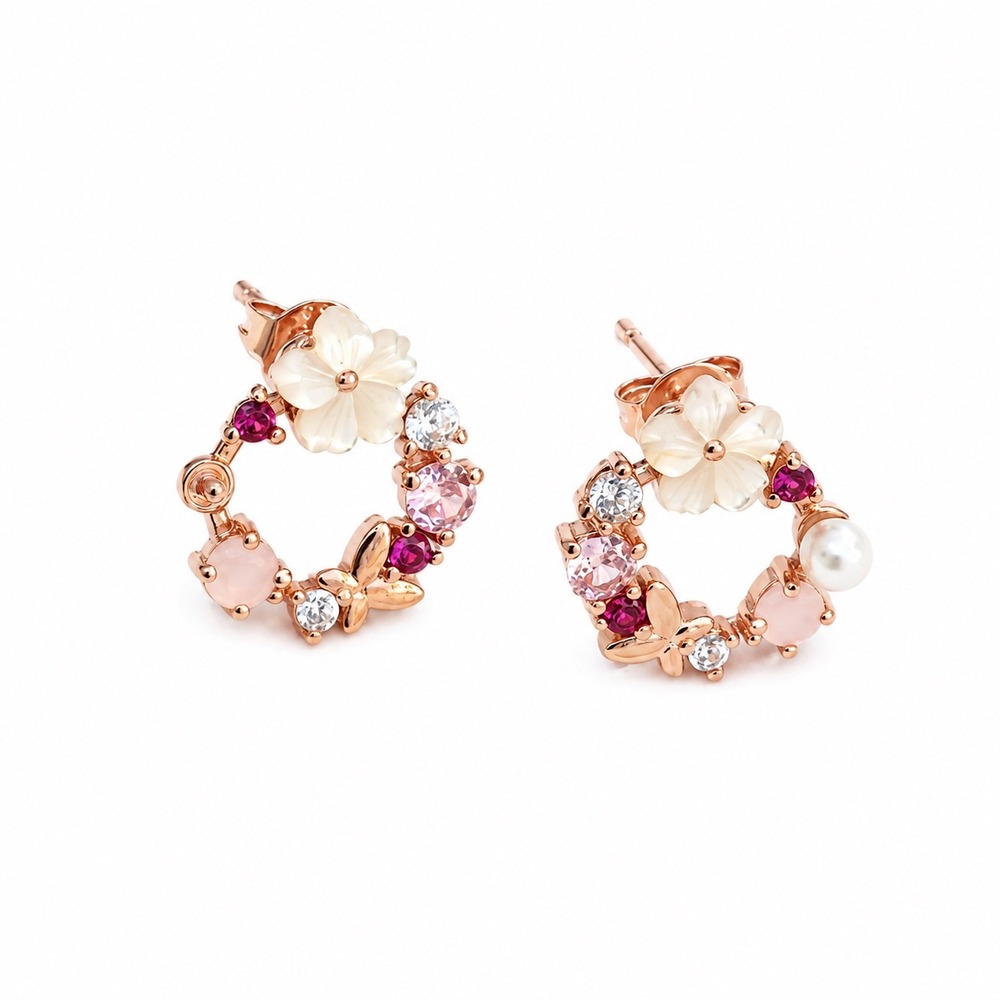 RAMLA Floral Crystal Mother of Pearl Rose Gold Earrings